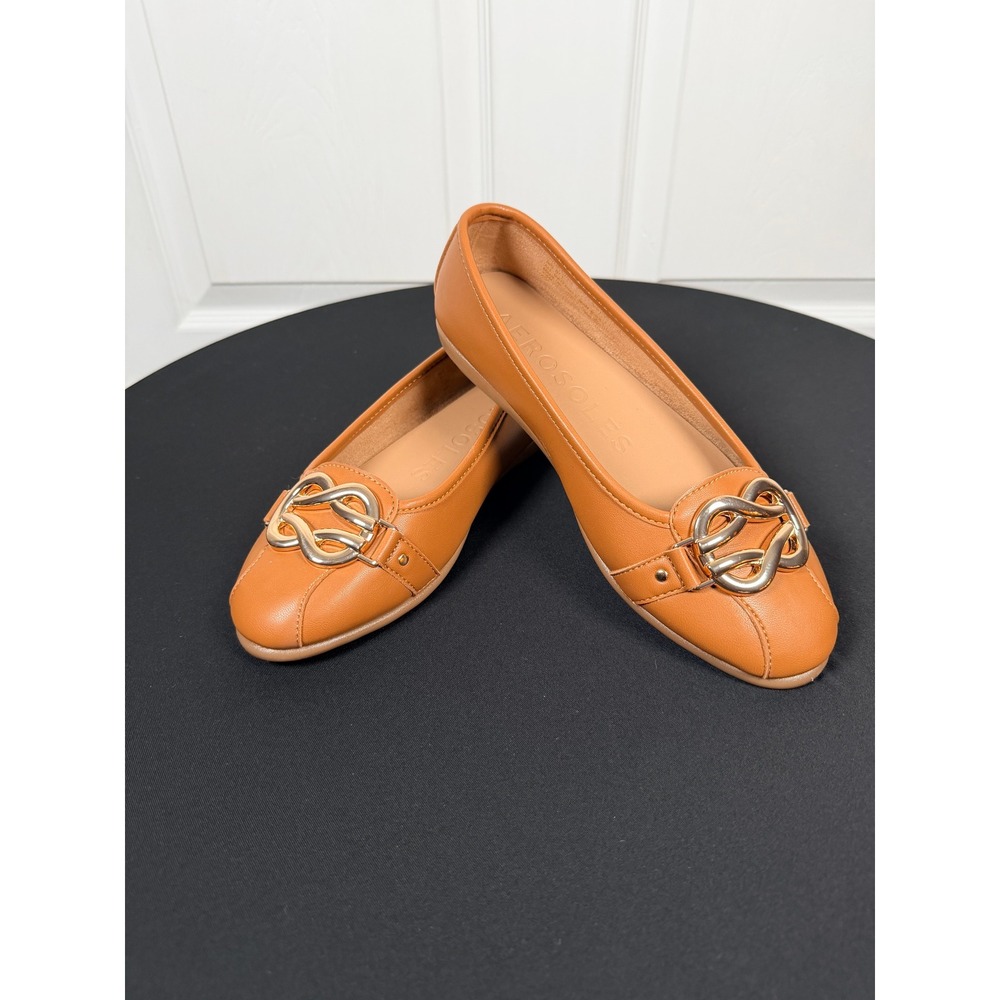 Aerosoles Women Cognac Brown Faux Leather Chain Link Ballet Flats Size 7.5